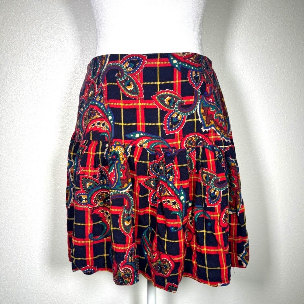 Vintage The Clothing Co Plaid Paisley Drop Waist Mini Skirt Red Navy Medium
